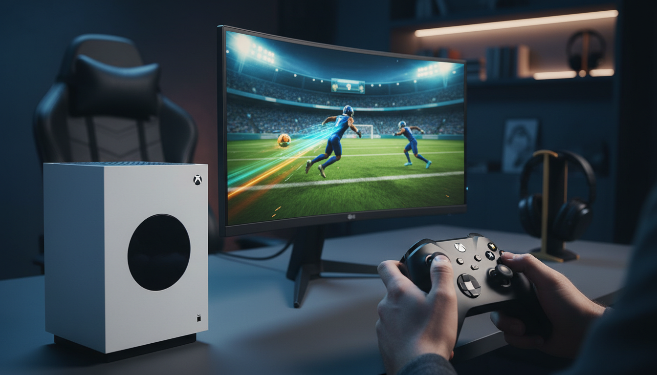 Console Xbox Series S com controle, exibindo Esportes Virtuais em tela, como futebol ou corrida, destacando gráficos e jogabilidade de próxima geração.