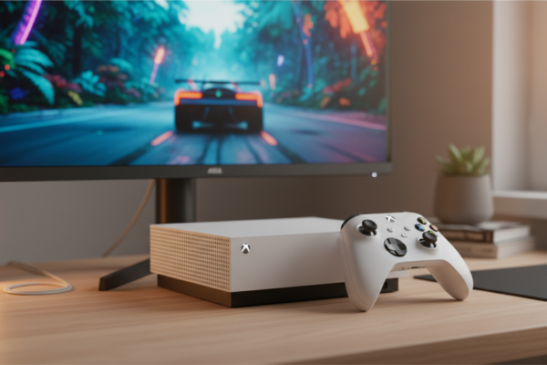 Xbox Series S branco com controle, exibindo um jogo colorido na tela, simbolizando reviews de jogos para iniciantes