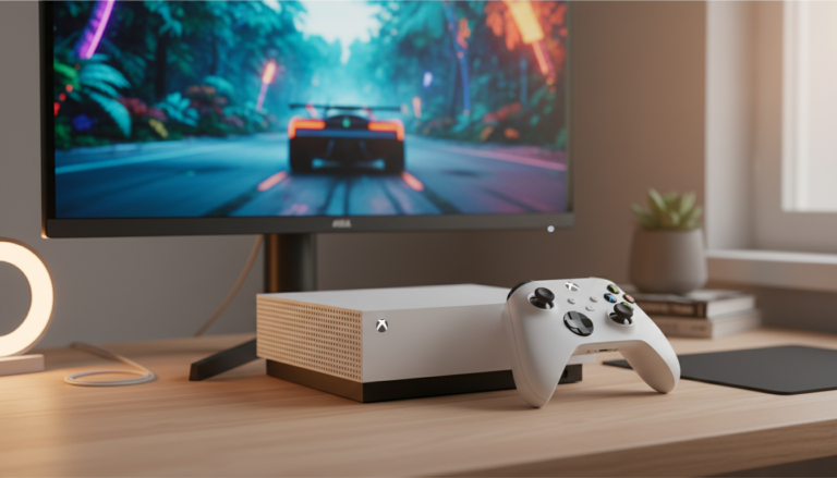 Xbox Series S branco com controle, exibindo um jogo colorido na tela, simbolizando reviews de jogos para iniciantes