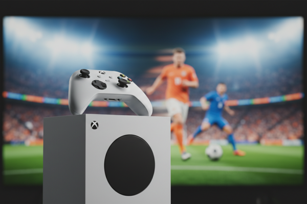Console Xbox Series S com controle em frente a uma tela com jogo de futebol, representando a análise de desempenho.