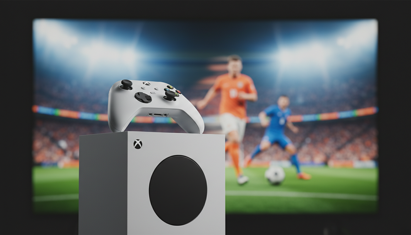 Console Xbox Series S com controle em frente a uma tela com jogo de futebol, representando a análise de desempenho.