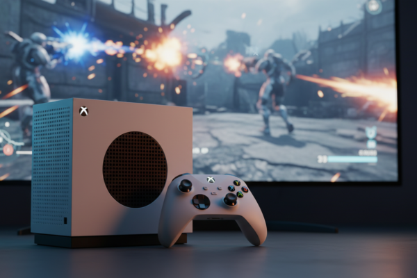 Xbox Series S com controle em ambiente de jogo, exibindo um jogo de tiro de campanha single player.
