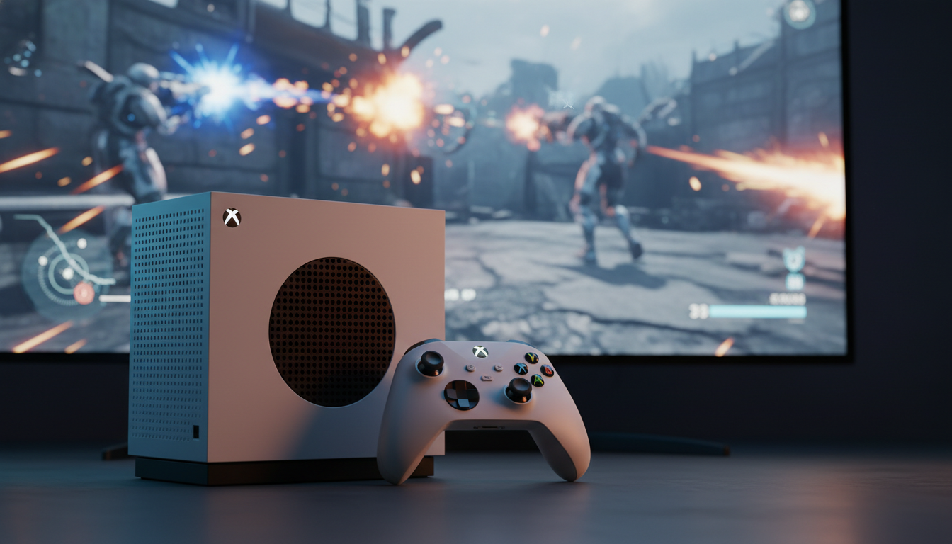 Xbox Series S com controle em ambiente de jogo, exibindo um jogo de tiro de campanha single player.