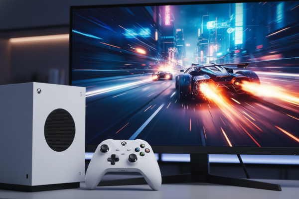 Xbox Series S branco com controle, exibindo jogo de alta performance em monitor gamer