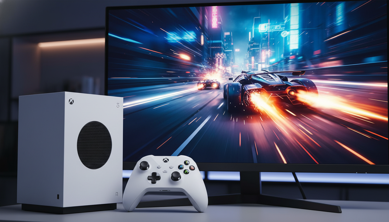 Xbox Series S branco com controle, exibindo jogo de alta performance em monitor gamer