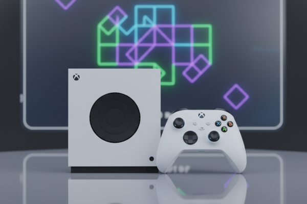 Xbox Series S branco com controle, exibindo um jogo de puzzle colorido em tela.
