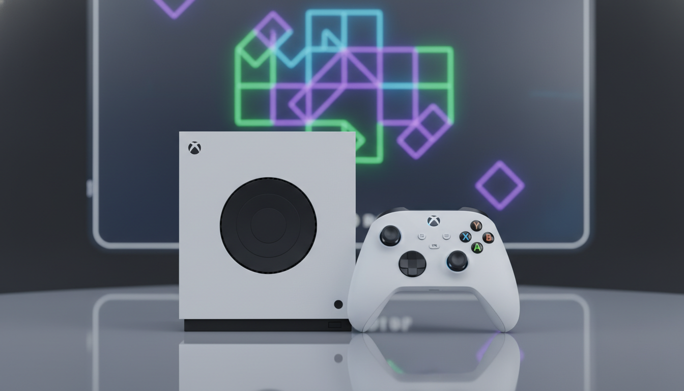 Xbox Series S branco com controle, exibindo um jogo de puzzle colorido em tela.