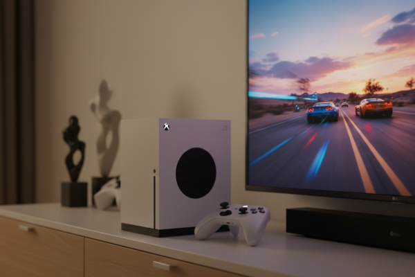 Xbox Series S branco com controle sem fio, exibindo jogo em TV 4K, foco em performance e estratégia gamer