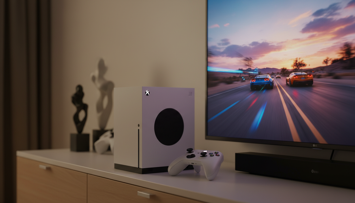 Xbox Series S branco com controle sem fio, exibindo jogo em TV 4K, foco em performance e estratégia gamer
