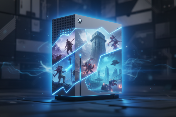 Xbox Series S com projeções de jogos futuristas de ação e aventura, simbolizando os lançamentos de 2026.