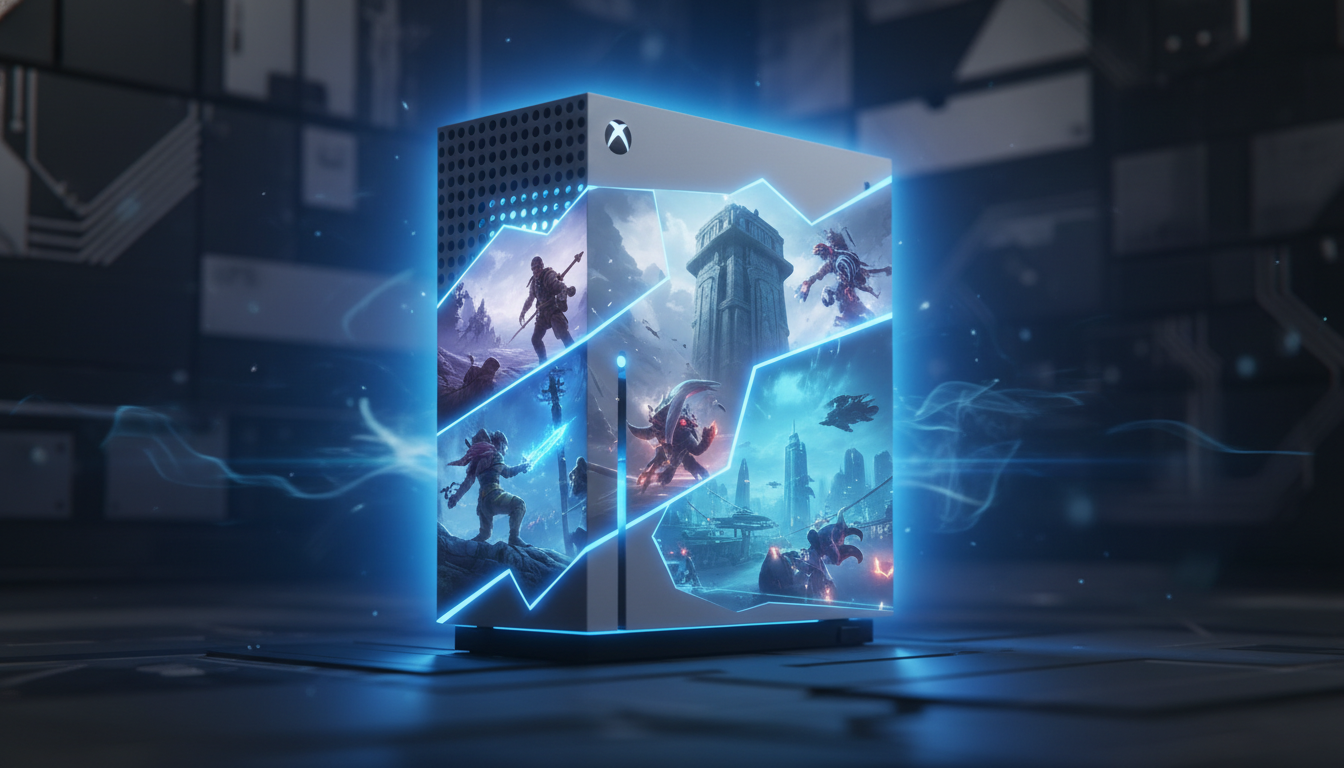Xbox Series S com projeções de jogos futuristas de ação e aventura, simbolizando os lançamentos de 2026.