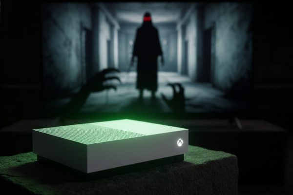 Xbox Series S com luz verde, cena de jogo de terror na TV, console de terror, gaming de terror