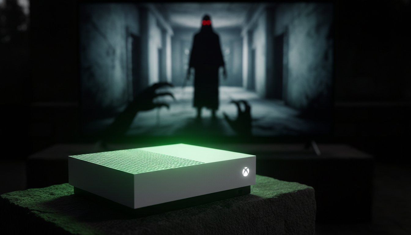Xbox Series S com luz verde, cena de jogo de terror na TV, console de terror, gaming de terror