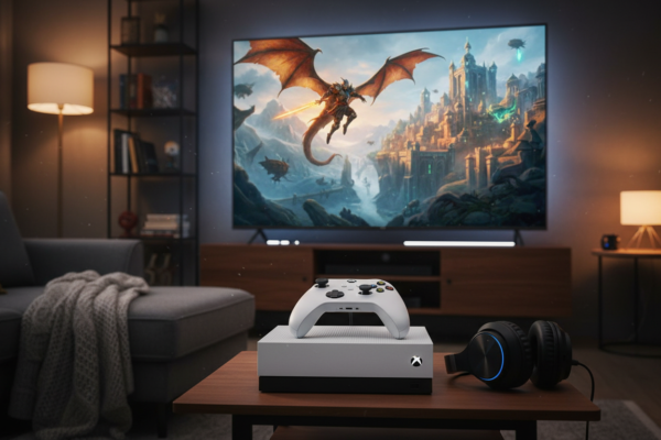 Console Xbox Series S com controle exibindo tela de RPG de fantasia