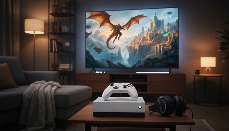 Console Xbox Series S com controle exibindo tela de RPG de fantasia
