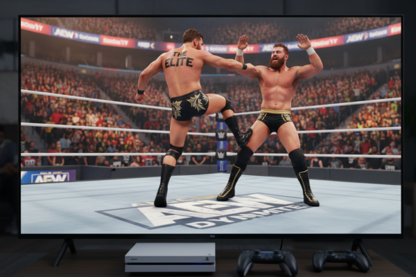 Gameplay de AEW Fight Forever no PS5 com dois lutadores em movimento de ataque e defesa, ilustrando a intensidade e os gráficos do jogo.