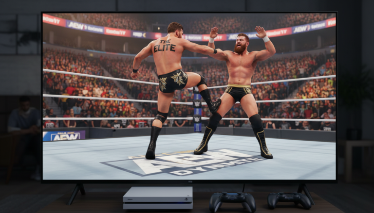 Gameplay de AEW Fight Forever no PS5 com dois lutadores em movimento de ataque e defesa, ilustrando a intensidade e os gráficos do jogo.