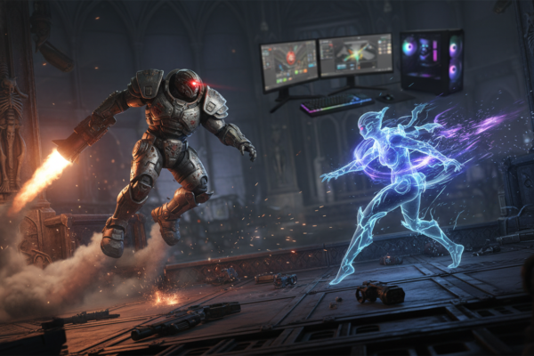 Dois Campeões de Quake Champions, Ranger e Nyx, em combate explosivo na arena, com foguetes e teletransporte.