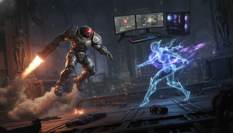 Dois Campeões de Quake Champions, Ranger e Nyx, em combate explosivo na arena, com foguetes e teletransporte.