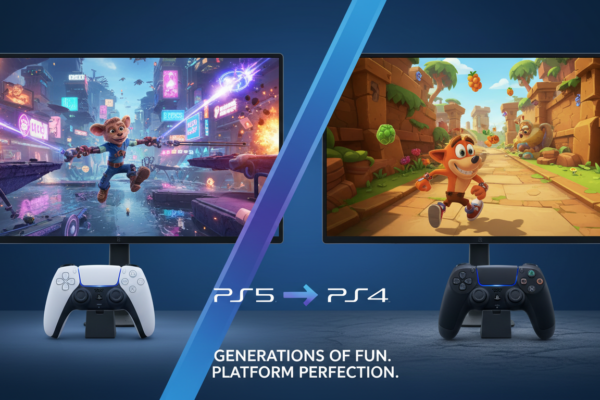 Gráficos de jogos de plataforma PS5 vs PS4, desempenho visual de jogos de plataforma, evolução gráfica em PlayStation, controle DualSense e DualShock 4