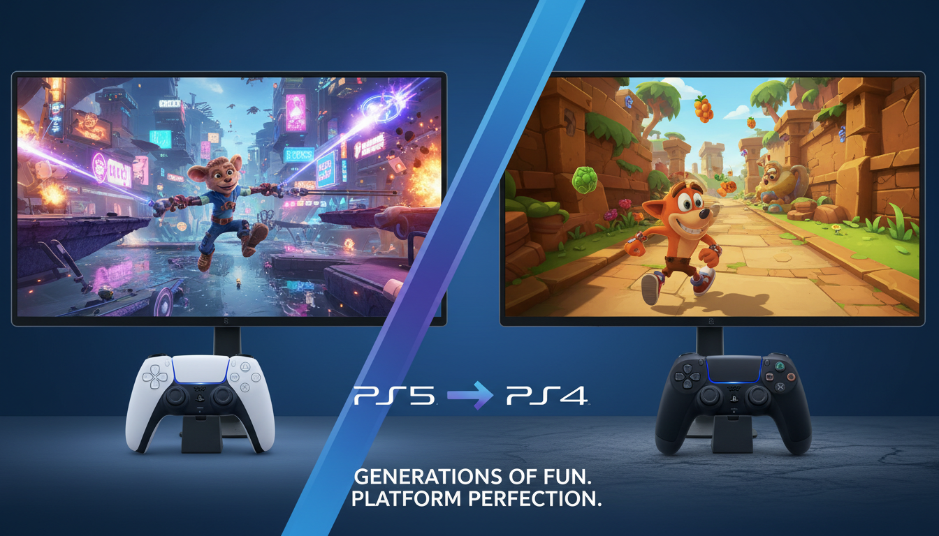 Gráficos de jogos de plataforma PS5 vs PS4, desempenho visual de jogos de plataforma, evolução gráfica em PlayStation, controle DualSense e DualShock 4