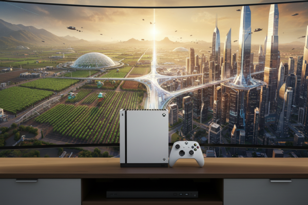 Xbox Series S exibindo um jogo de simulação que transita de uma fazenda para uma cidade futurista, ilustrando os simuladores de 2026.