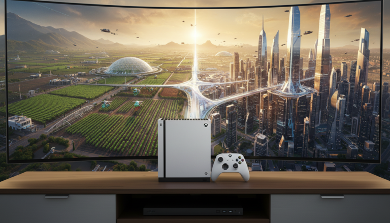 Xbox Series S exibindo um jogo de simulação que transita de uma fazenda para uma cidade futurista, ilustrando os simuladores de 2026.