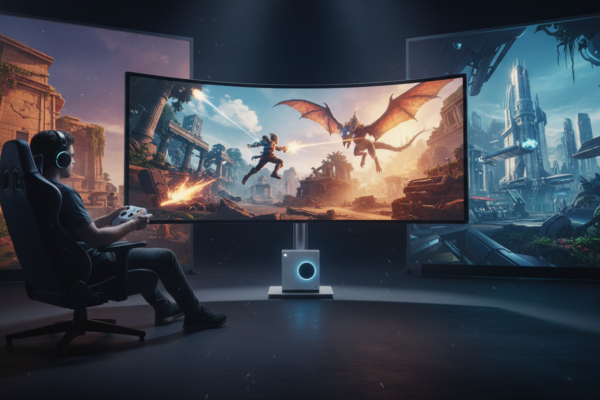 Gamer jogando Xbox Series S, com controle na mão e jogo de aventura na tela, mostrando gráficos detalhados e ação intensa.