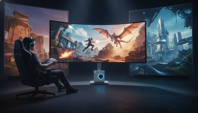 Gamer jogando Xbox Series S, com controle na mão e jogo de aventura na tela, mostrando gráficos detalhados e ação intensa.