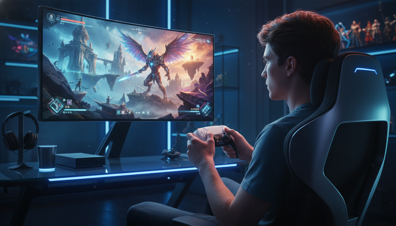 Jogador com controle DualSense, imerso em RPG no PS5, gráficos de 2026, novidades em jogos, futuro dos RPGs