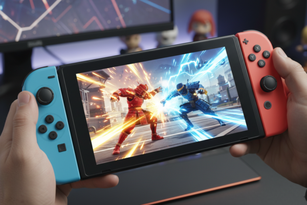 Nintendo Switch 2 com jogo de luta na tela