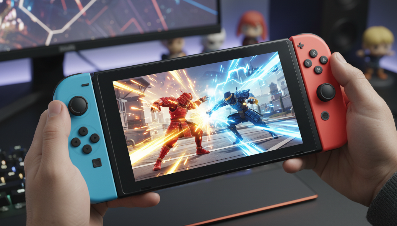 Nintendo Switch 2 com jogo de luta na tela