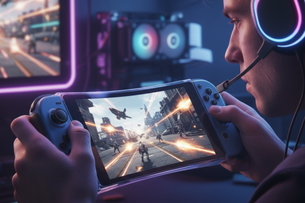 Gamer com Switch 2 e controle, jogando FPS, fones de ouvido, tela de jogo de tiro