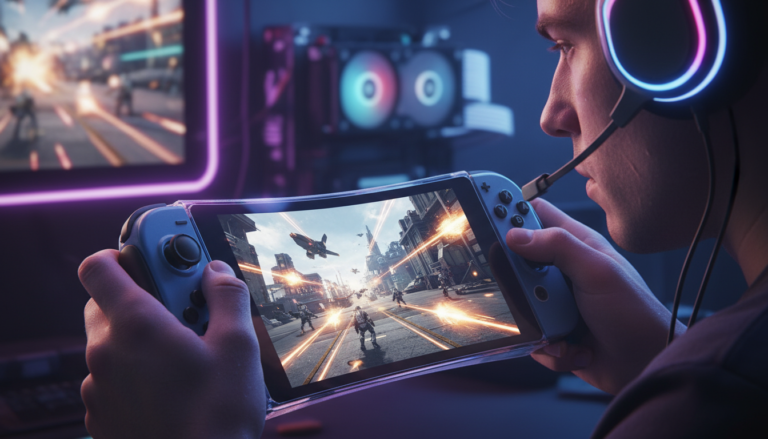 Gamer com Switch 2 e controle, jogando FPS, fones de ouvido, tela de jogo de tiro