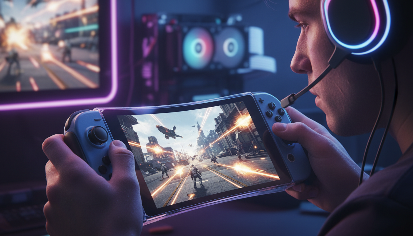 Gamer com Switch 2 e controle, jogando FPS, fones de ouvido, tela de jogo de tiro