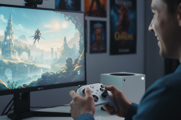 Gamer jogando RPG de mundo aberto no Xbox Series S, com controle na mão e tela com paisagem épica