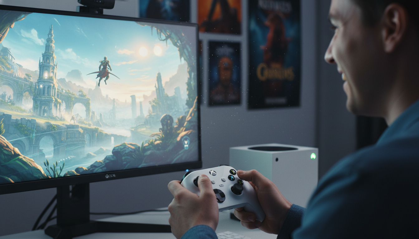 Gamer jogando RPG de mundo aberto no Xbox Series S, com controle na mão e tela com paisagem épica