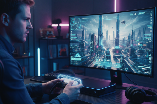 Jogador usando DualSense em jogo de estratégia PS5 com gráficos detalhados para 2026