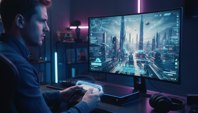 Jogador usando DualSense em jogo de estratégia PS5 com gráficos detalhados para 2026