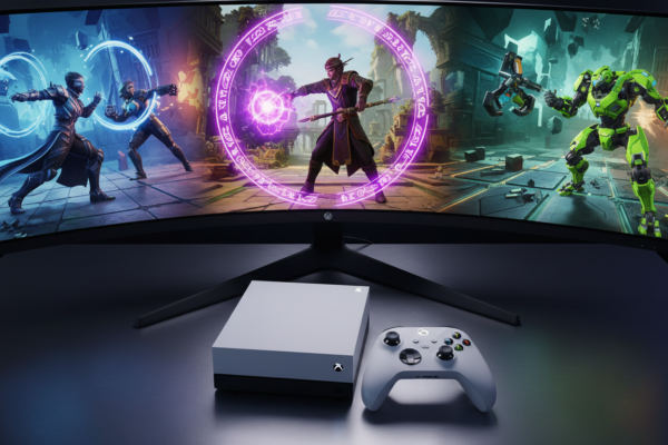 Xbox Series S com tela exibindo jogos de luta de 2026 com gráficos de ponta e elementos de inovação como manipulação do tempo e robôs customizáveis.