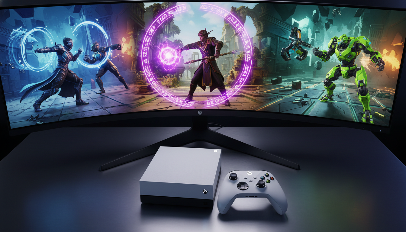 Xbox Series S com tela exibindo jogos de luta de 2026 com gráficos de ponta e elementos de inovação como manipulação do tempo e robôs customizáveis.