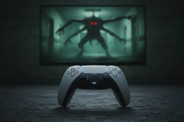 Controle DualSense do PS5 com cena de jogo de terror na tela