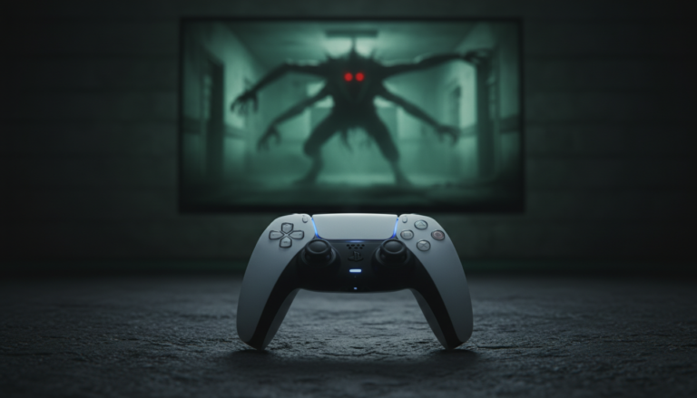 Controle DualSense do PS5 com cena de jogo de terror na tela