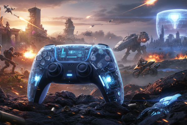 Controle de PlayStation 5 em ambiente de jogo de tiro, lançamentos 2026.