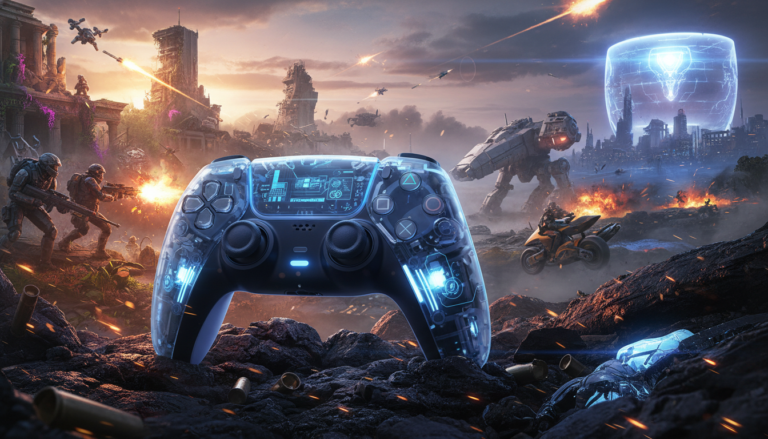 Controle de PlayStation 5 em ambiente de jogo de tiro, lançamentos 2026.
