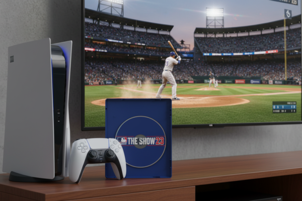 Console PlayStation 5 e controle DualSense com o jogo MLB The Show 23 em exibição na tela, simbolizando a experiência de nova geração.