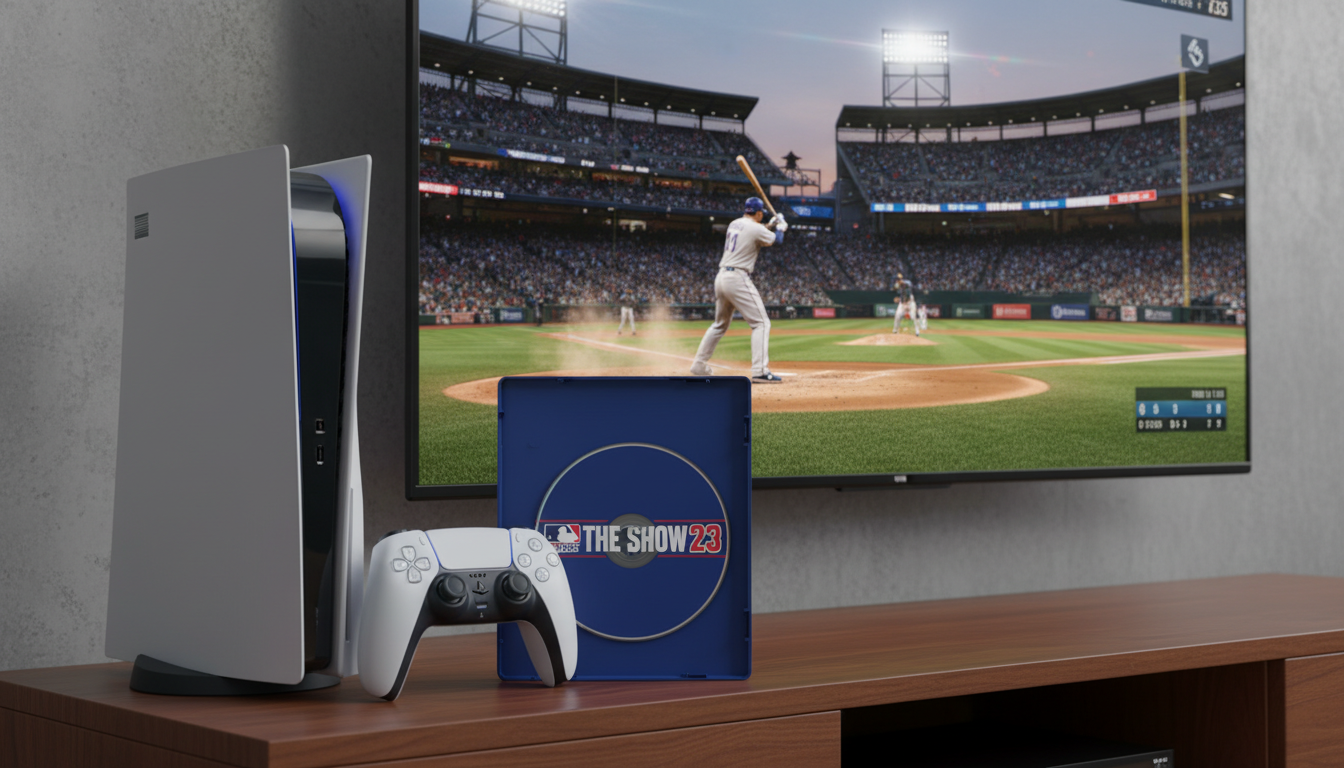 Console PlayStation 5 e controle DualSense com o jogo MLB The Show 23 em exibição na tela, simbolizando a experiência de nova geração.