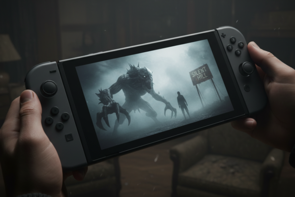 Nintendo Switch 2 exibindo um jogo de terror, Resident Evil 9 ou Silent Hill, com gráficos realistas e atmosfera sombria. Mãos seguram o console em um ambiente escuro.