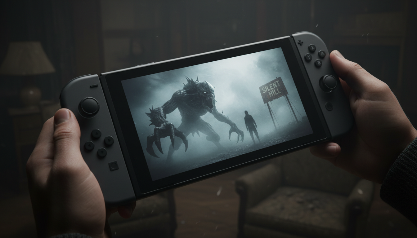 Nintendo Switch 2 exibindo um jogo de terror, Resident Evil 9 ou Silent Hill, com gráficos realistas e atmosfera sombria. Mãos seguram o console em um ambiente escuro.