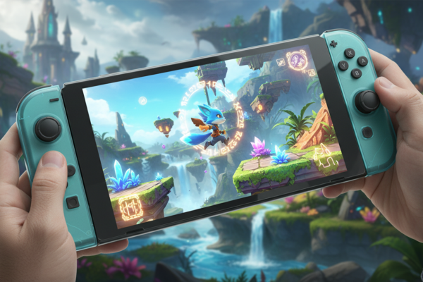 Console Nintendo Switch 2 com jogo de plataforma futurista em 2026